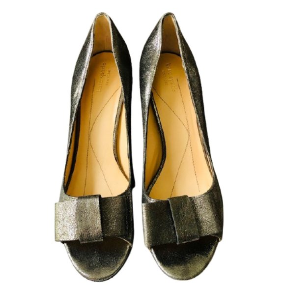 Kate Spade Platinum Sparkly Peep Toe Bow Pumps - 8.5M - Picture 2 of 11